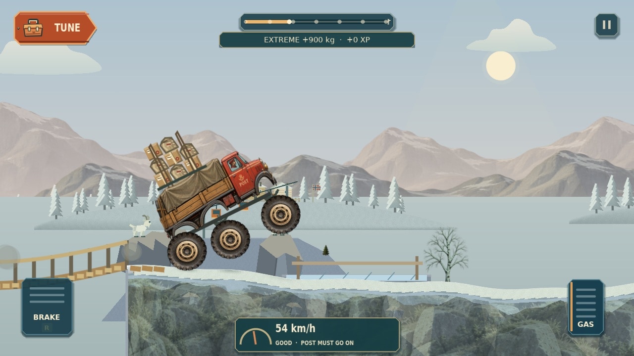 A heavily loaded Fjellpost truck leaves a suspension bridge. In-engine screenshot from development build 0.54.1.