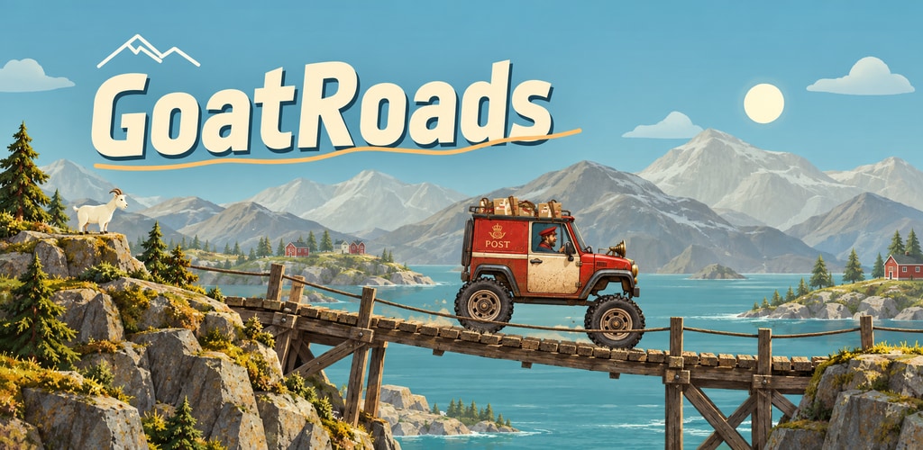 Promotional artwork showing a red postal van on a fjord bridge beneath the GoatRoads logo.