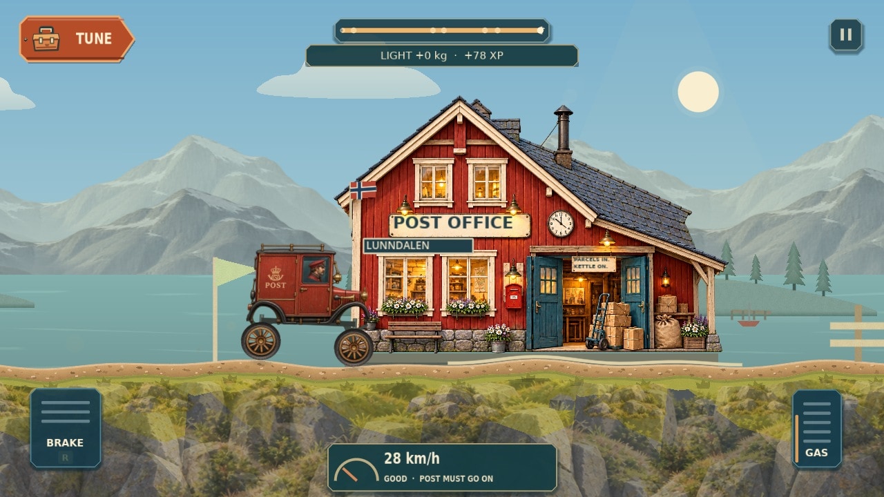 Starter arrives at the red post office in Lunndalen. In-engine screenshot from development build 0.54.1.