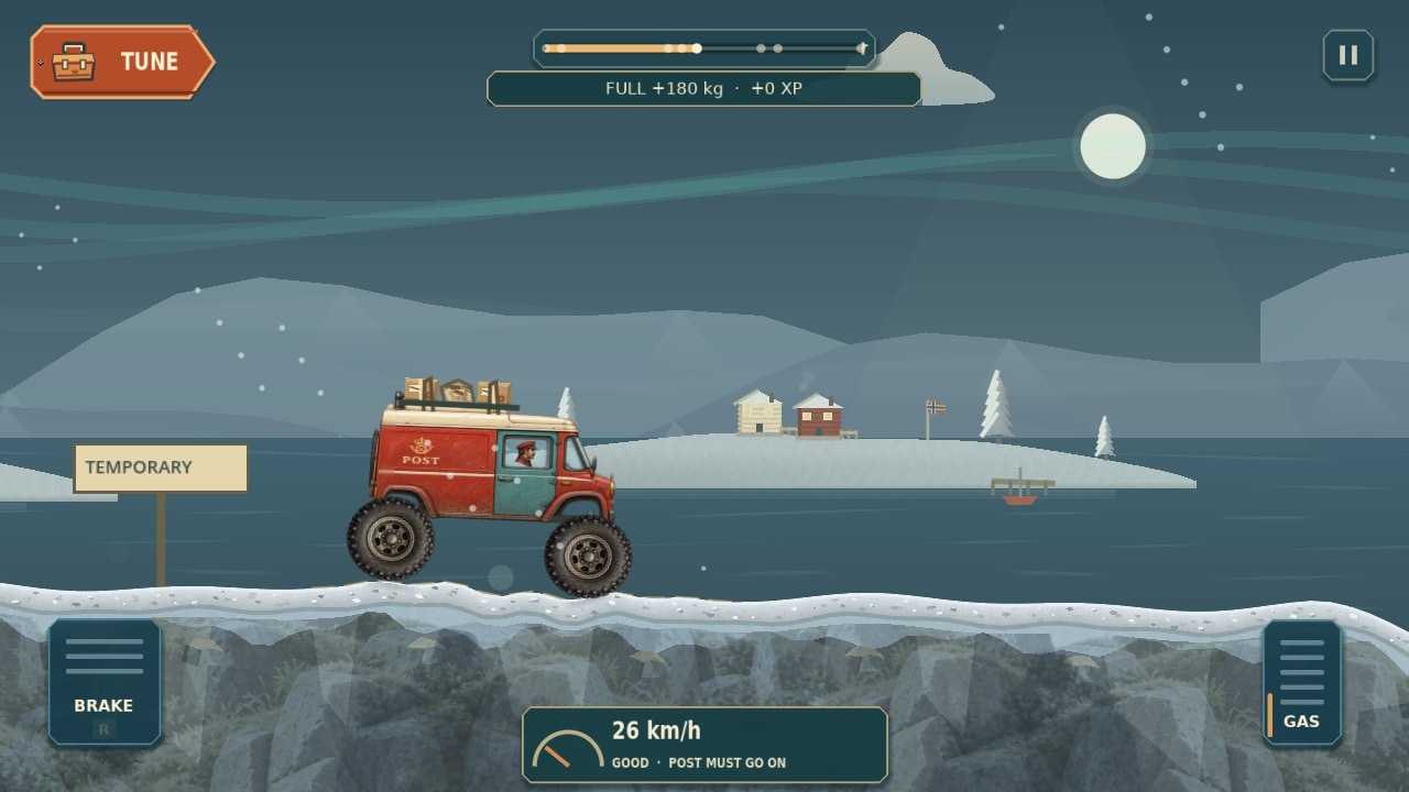 Vinterpost carries parcels on a snowy coastal road. In-engine screenshot from development build 0.54.1.