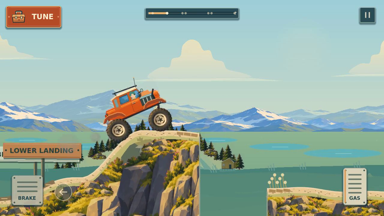 An orange off-road vehicle reaches the edge of a rocky drop above a Norwegian fjord.