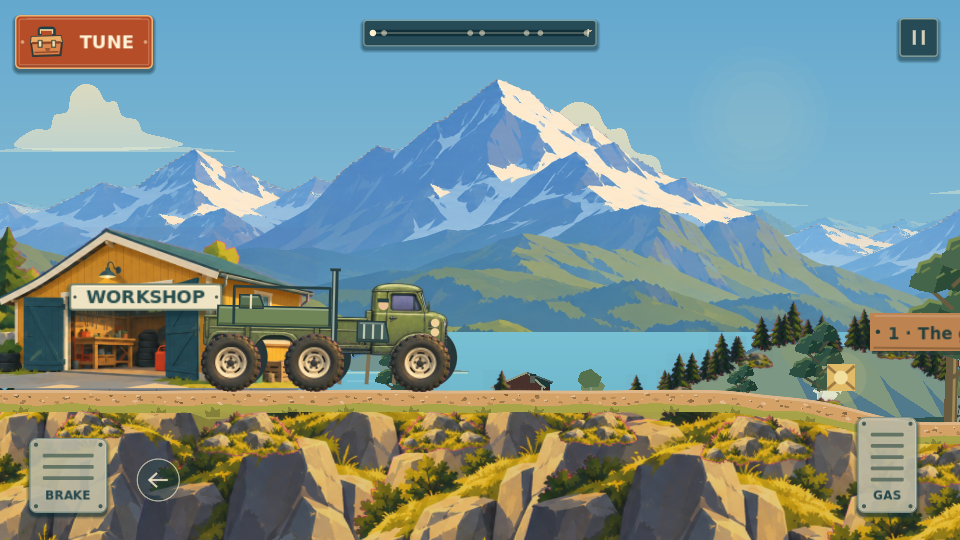 An olive-green six-wheel vehicle outside a workshop, with a fjord and snow-capped Norwegian mountains behind it.