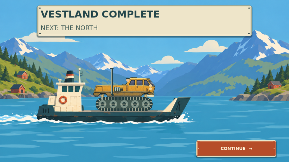 A yellow tracked vehicle aboard a small ferry crossing a fjord between snow-capped mountains.