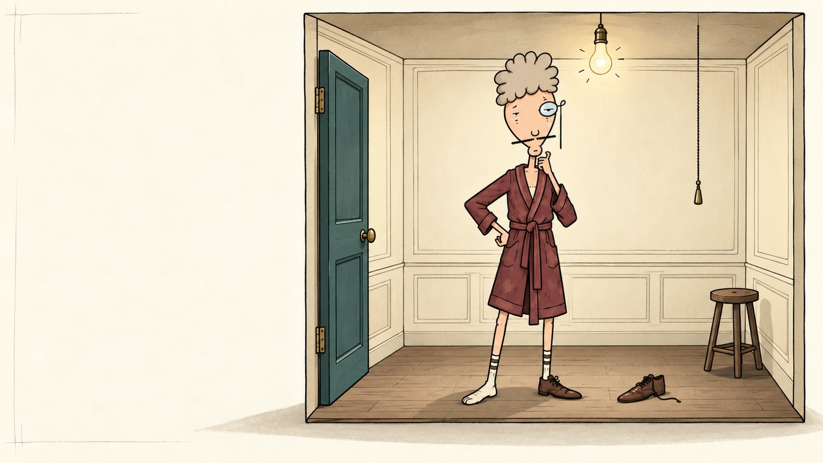 Concept illustration of Walter in his burgundy dressing gown examining a mysterious room.