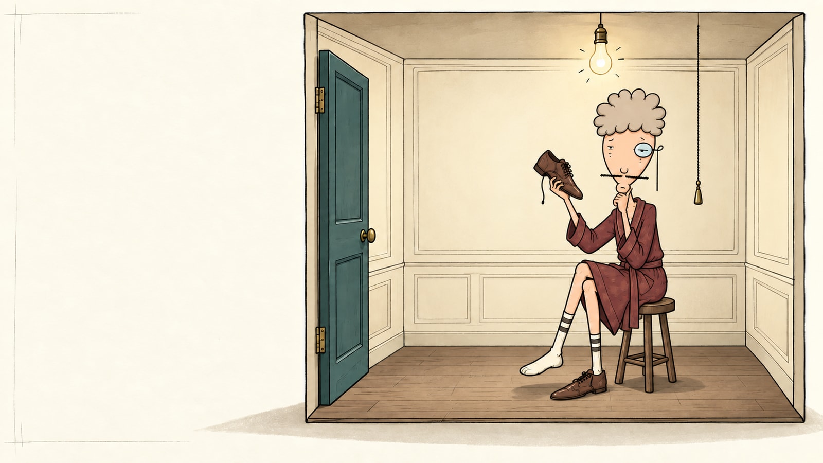 Concept illustration of Walter sitting with one shoe and several questions.